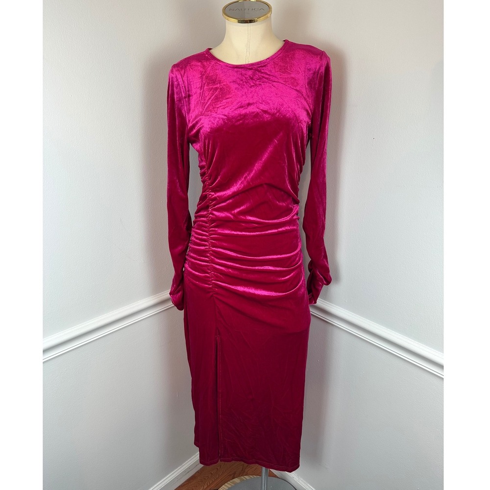SAM EDELMAN Pink Velvet Long Sleeve Bodycon Midi Dress Front Slit Party NYE | 8 - Picture 3 of 13